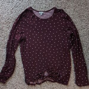 Love, Fire Burgundy Heart Pattern Long Sleeve Top